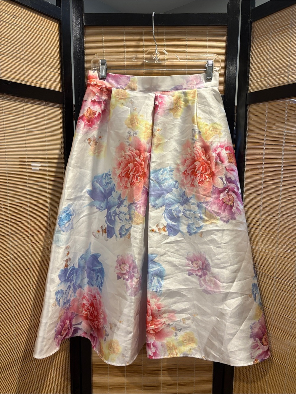 Pastel Floral A-Line Midi Skirt - Ivory with Pink, Blue & Yellow Flowers